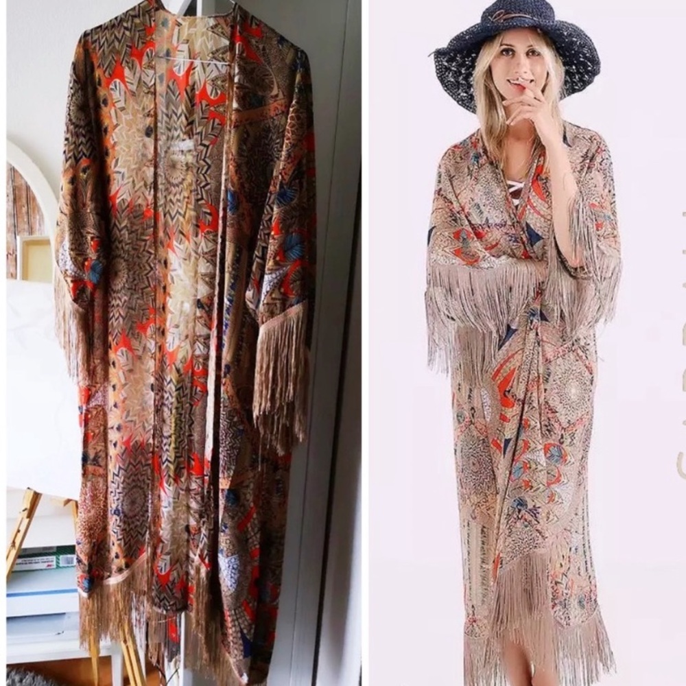 New Feather Mixed Print Kimono Swim Cover Up Cardigan Jacket Duster